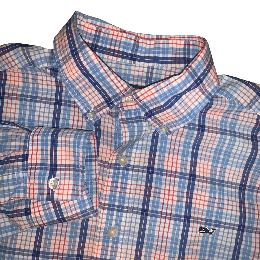 Vineyard Vines Mens Medium Button Down Shirt Blue Plaid Slim Fit Whale Preppy